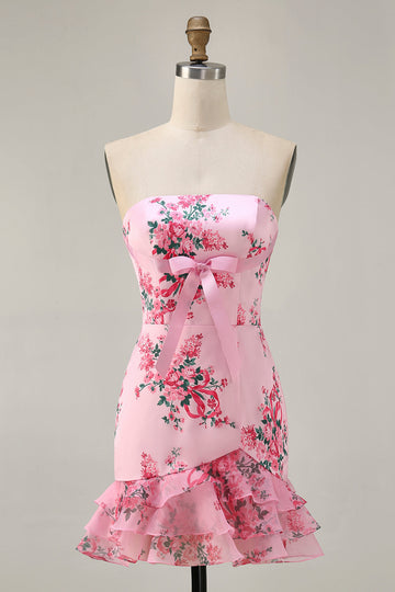 Pink Floral Bodycon Strapless Printed Short Party Dress with Ruffles